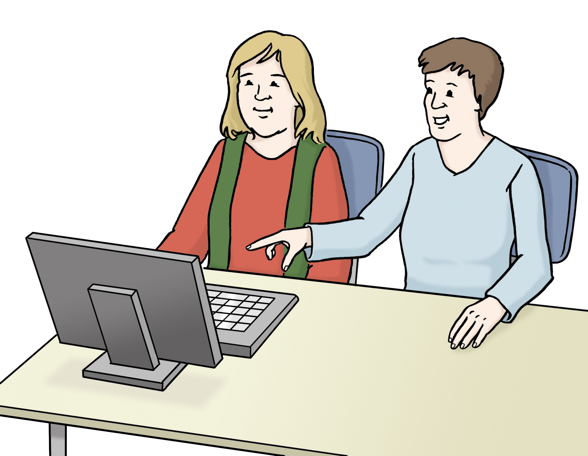 Ein Mann hilft einer Frau am Computer
