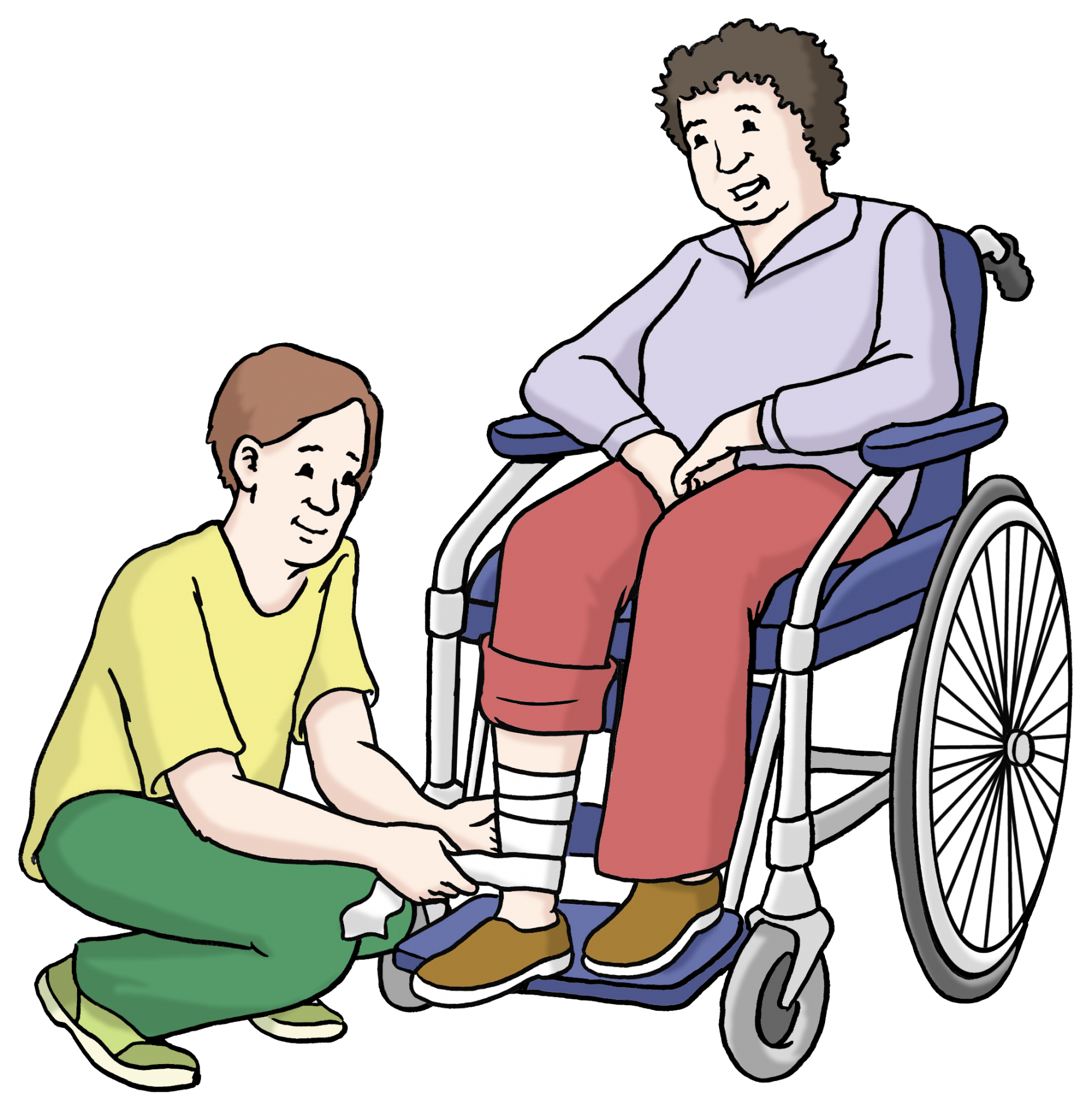 Ein Mann verbindet einem Mann im Rollstuhl das Bein