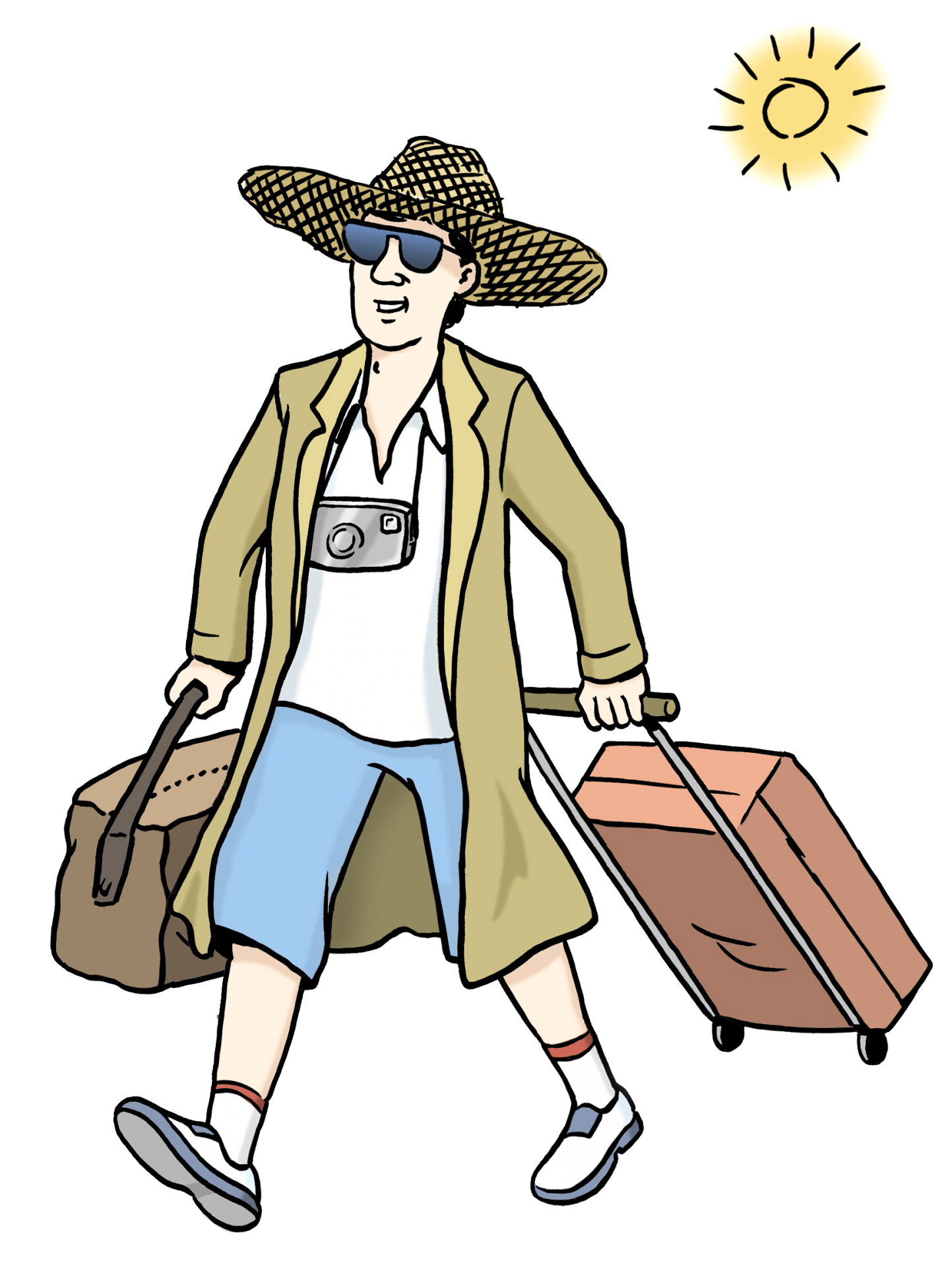 Ein Mann im Urlaub mit Sonnenbrille, Strohhut und Koffer
